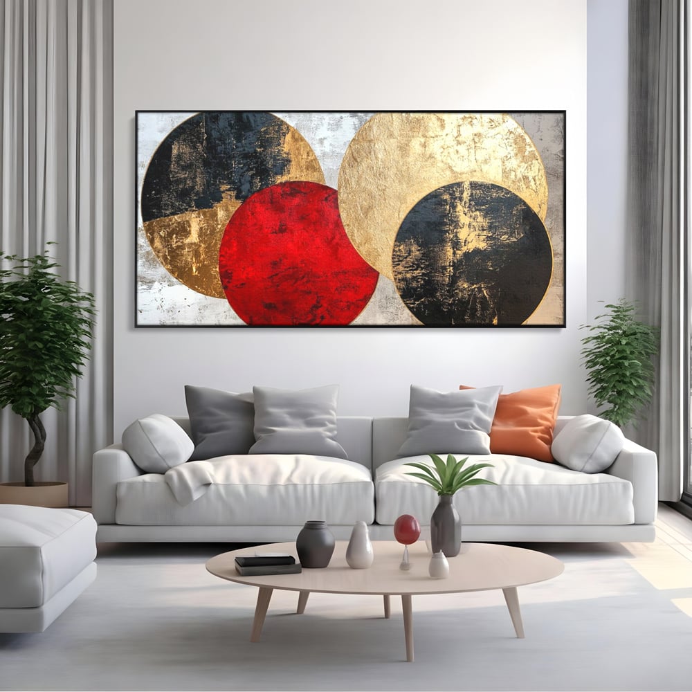 Tablou canvas cu tablou canvas cu cercuri abstracte, in rama de aluminiu negru, pe perete intr-un living